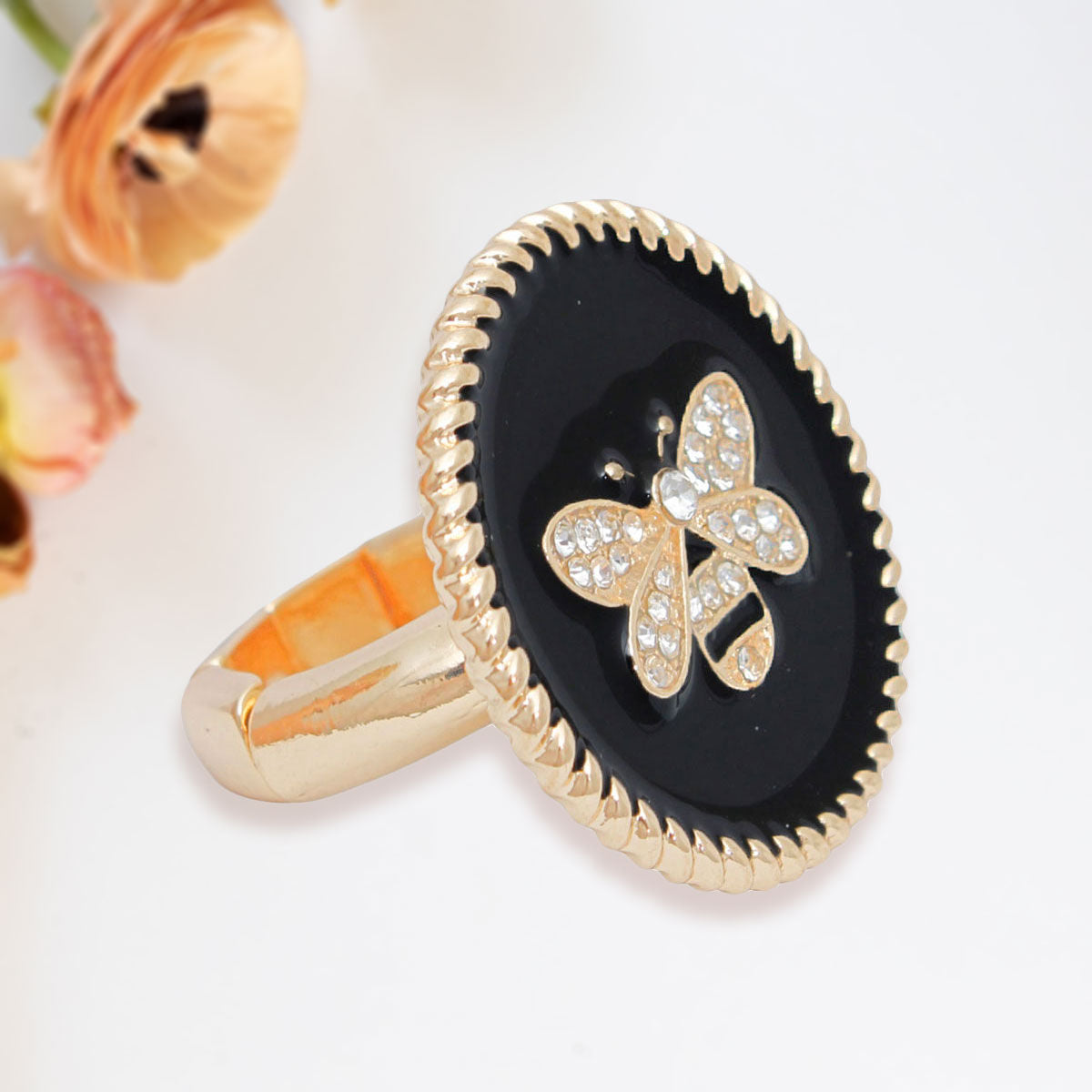 Black Bee Charm Gold Ring