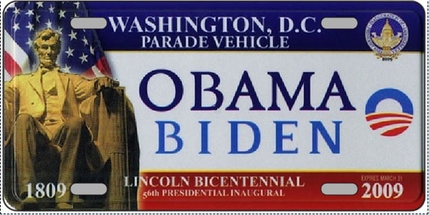 License plate commemorating the Obama Biden presidential inauguration with Lincoln and American flag imagery.