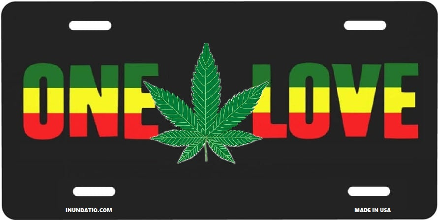 One Love Rasta Marijuana Ganja Leaf License Plate