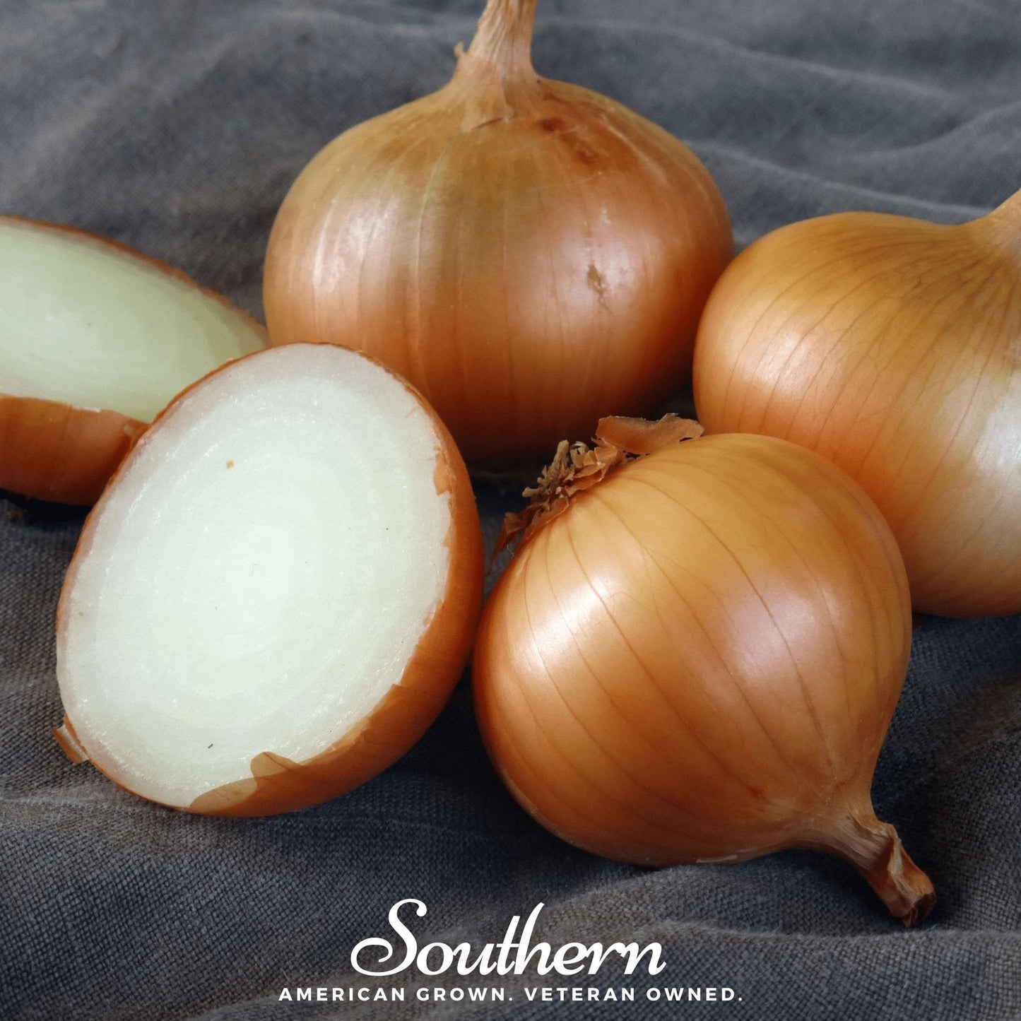Onions on a gray fabric background with 'Southern' branding.