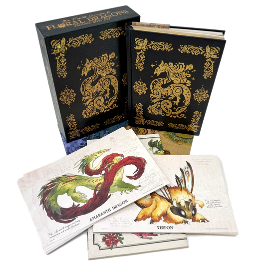 Decorative books with dragon illustrations and a box on a white background