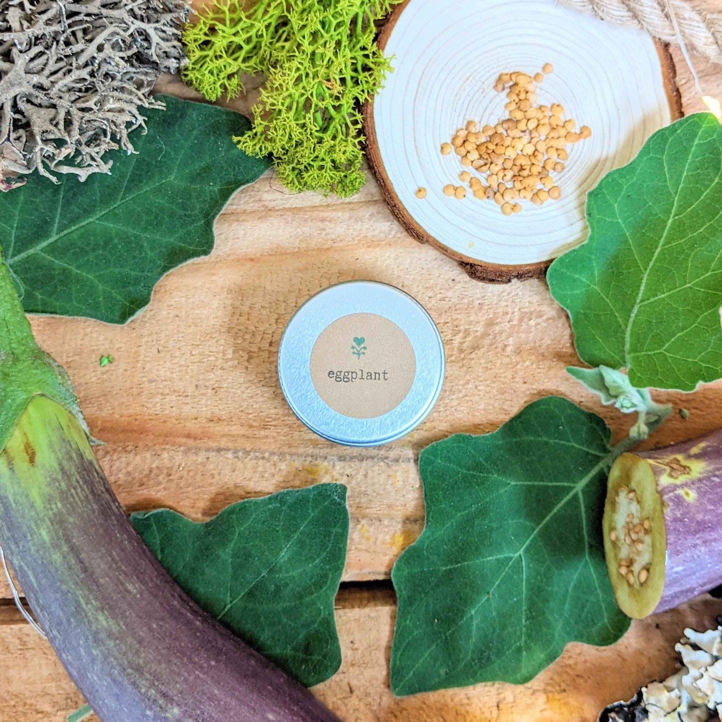 Eggplant with leaves on a wooden surface, surrounded by seeds and other natural elements.