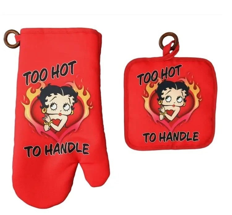 Red Betty Boop Oven Mitts and Pot Holder with Caption " Too Hot To Handle "