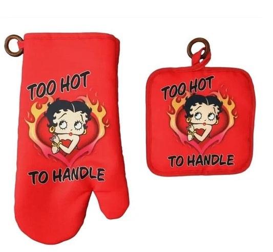 Red Betty Boop Oven Mitts and Pot Holder with Caption " Too Hot To Handle "