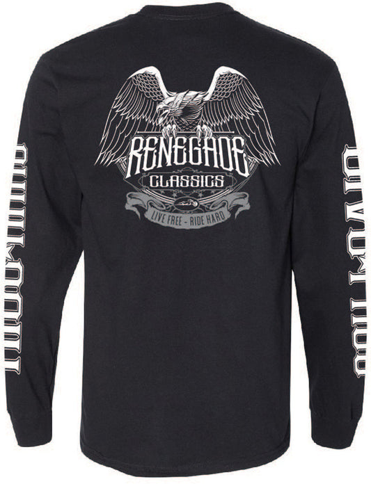 A black long sleeve tee with a full back print featuring an eagle and the text 'RANGEBAND CLASSICS', along with left chest and sleeve prints.