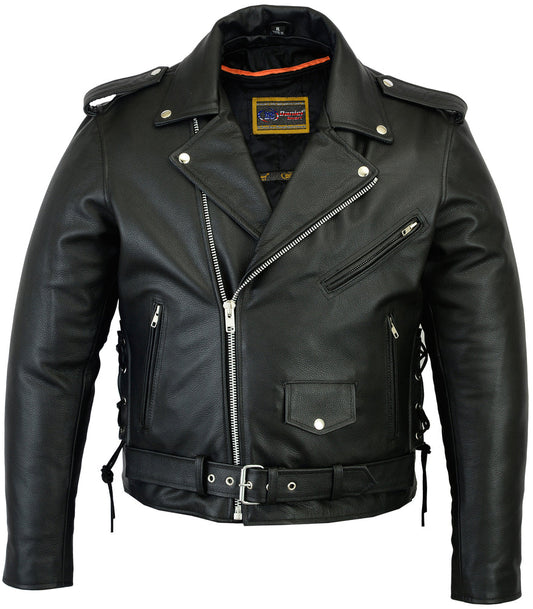 DS Men’s Classic Side Lace Police Black Leather Motorcycle Jacket