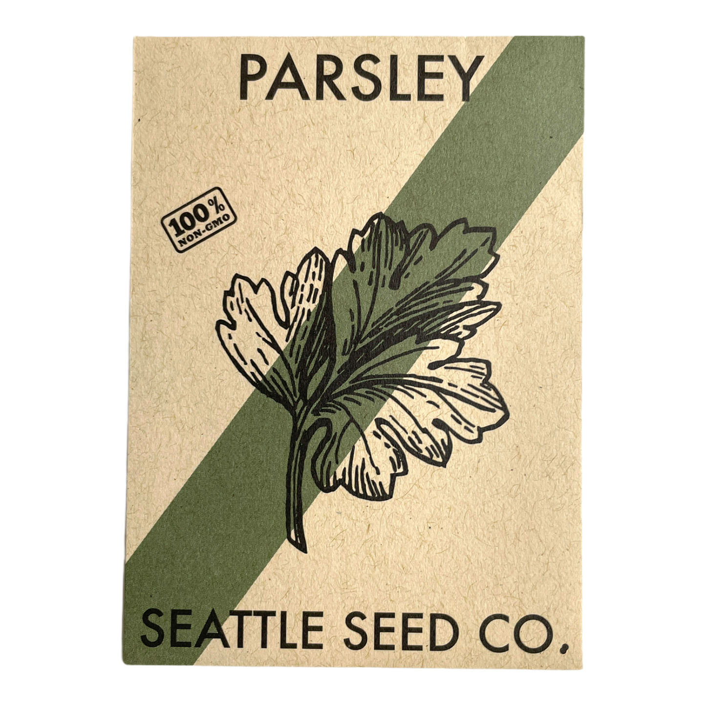 Seed packet for parsley from Seattle Seed Co. with a green stripe and leaf illustration.