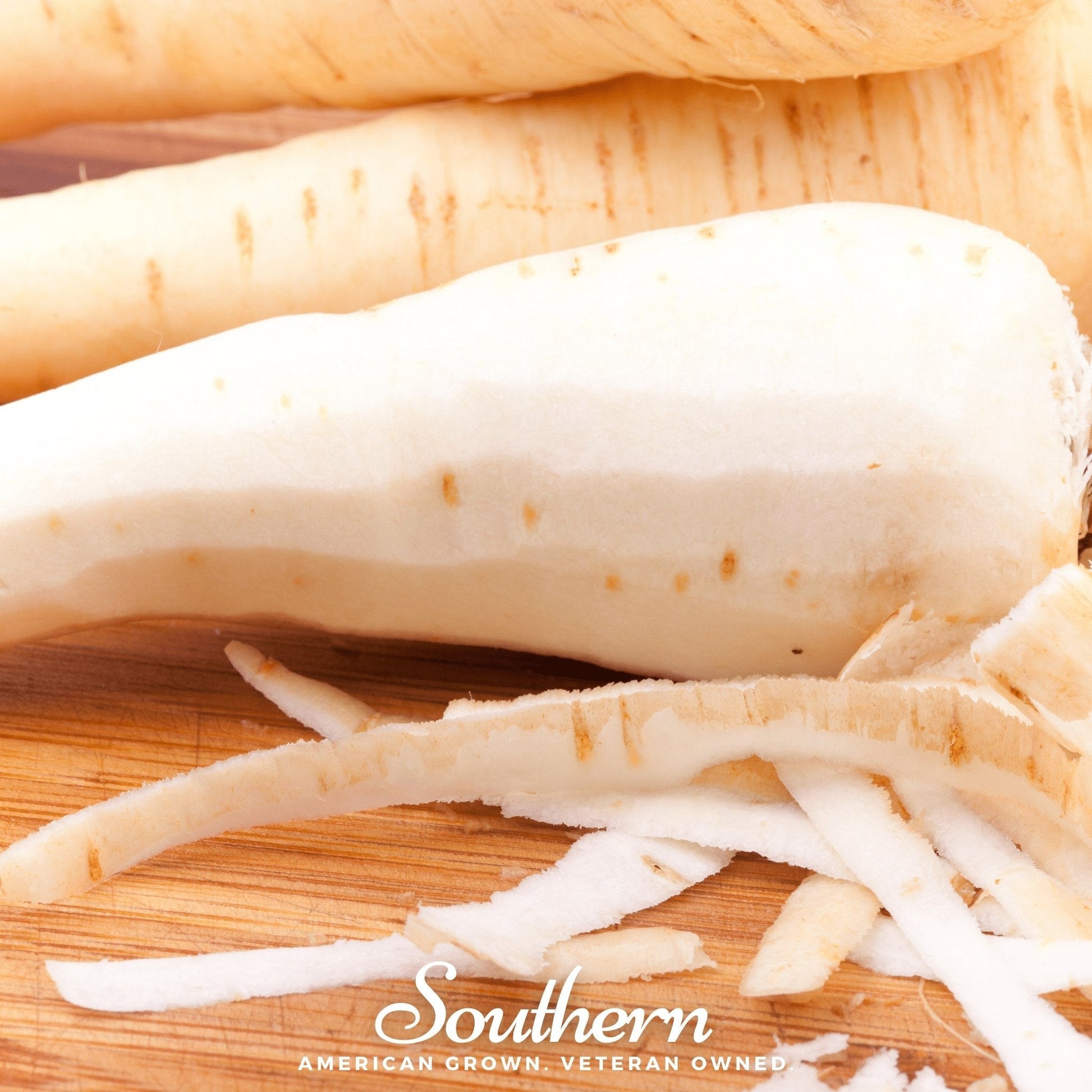 Shredded white parsnip on a wooden surface with 'Southern' branding.
