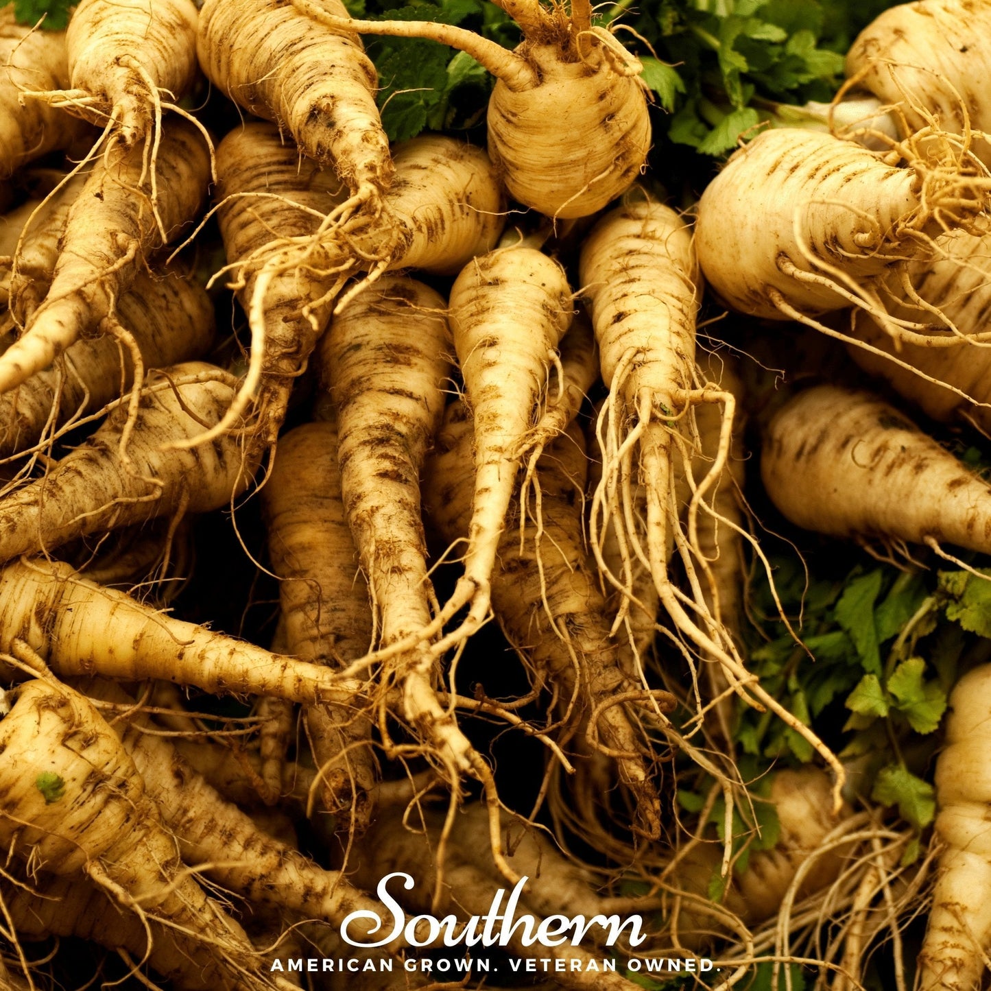 Close-up of parsnips with 'Southern' brand text at the bottom.