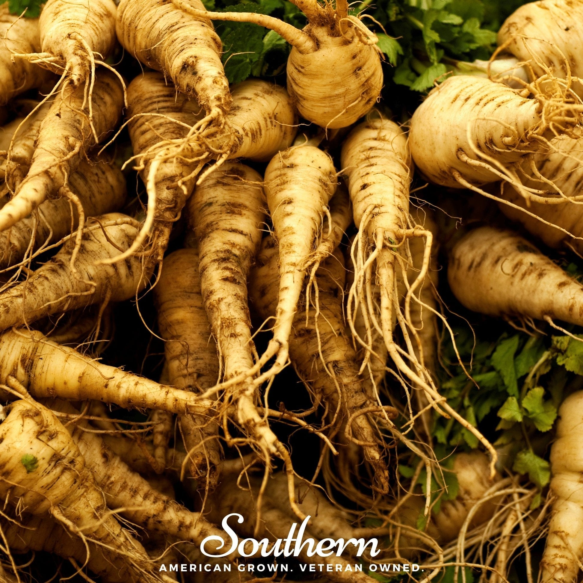 Close-up of parsnips with 'Southern' brand text at the bottom.