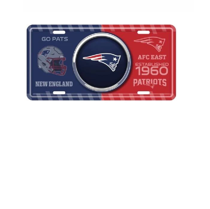 New England Patriots license plate with team colors and logo on a white background