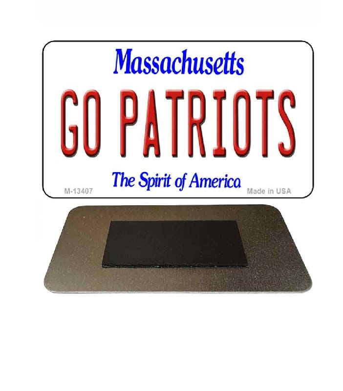 Massachusetts license plate refrigerator Magnet with 'GO PATRIOTS' text on a white background