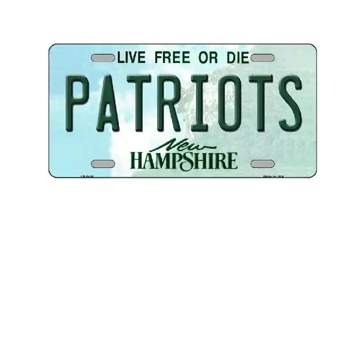 License plate with 'Patriots' and 'New Hampshire' text on a light blue background