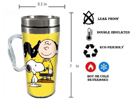 Charlie Brown and Snoopy Insulated Travel Mugs - Acrylic and Stainless Steel Drink Cup Diagram