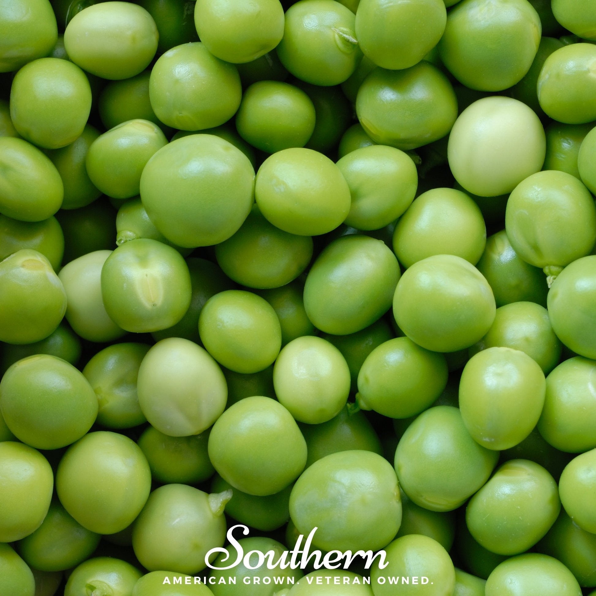 Close-up of green peas with 'Southern' brand logo.