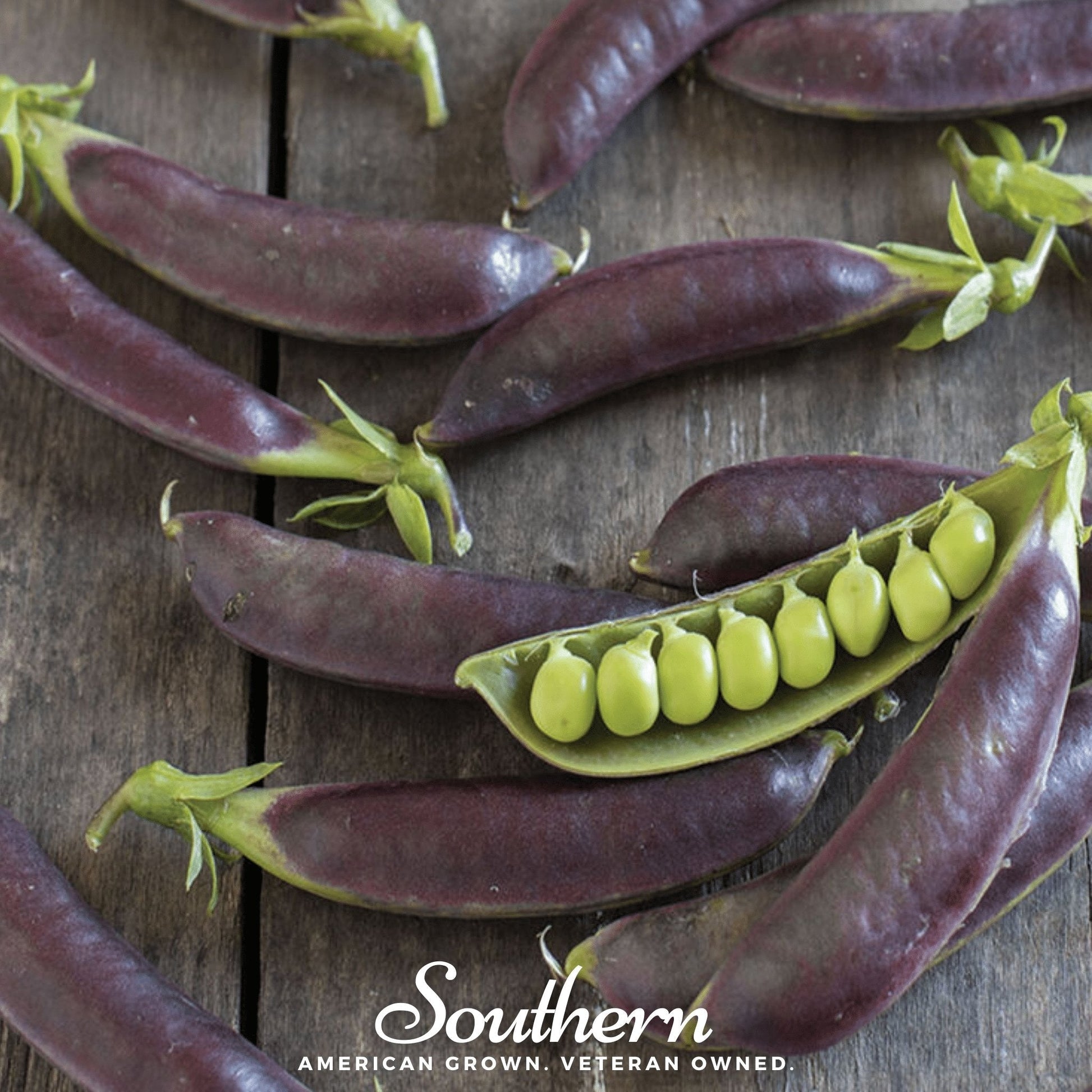 Purple beans with green peas on a wooden surface, featuring 'Southern' brand text.