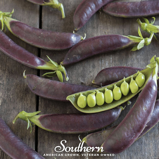 Purple beans with green peas on a wooden surface, featuring 'Southern' brand text.