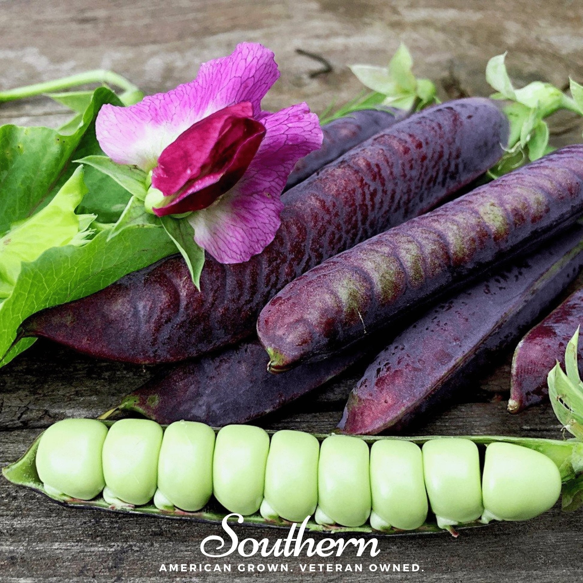 Purple beans and green peas on a wooden surface with a pink flower, featuring 'Southern' branding.