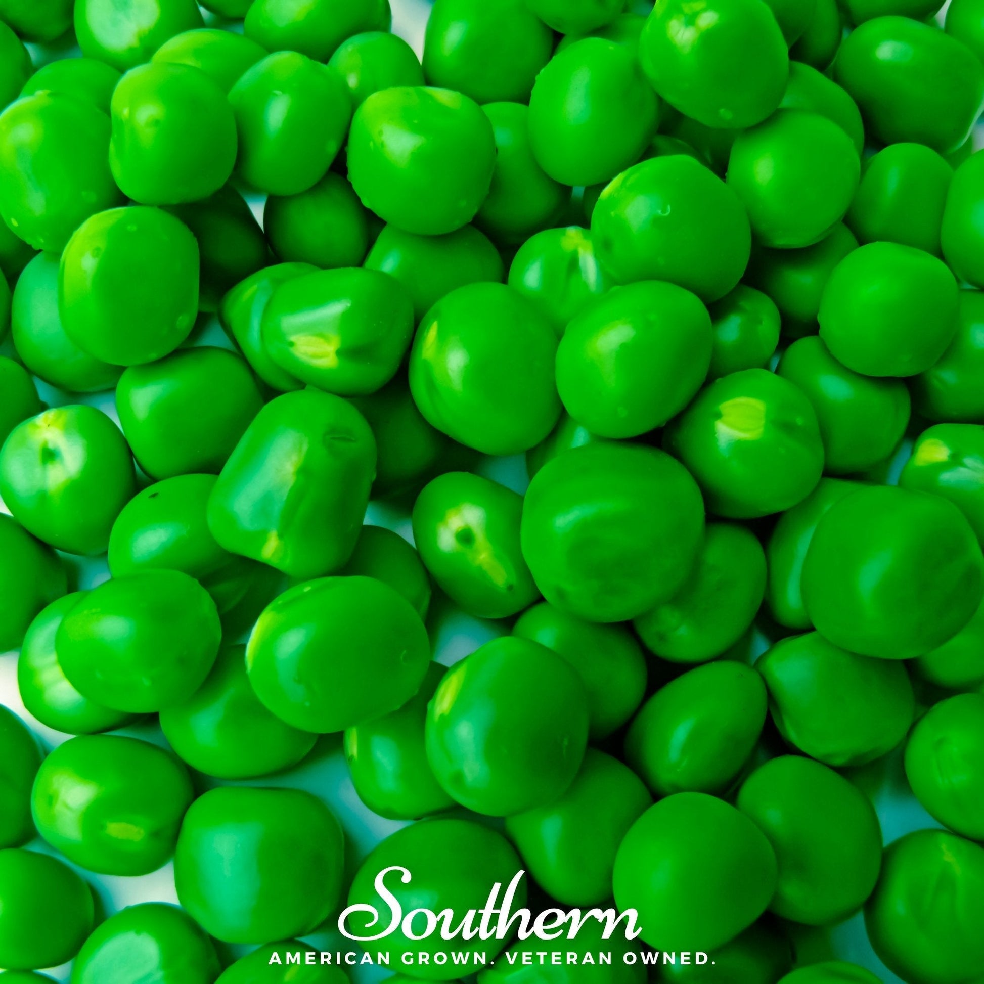 Close-up of green peas with 'Southern' brand name at the bottom.