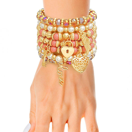 Mauve and Pearl Love Charm 5 Stacked Bracelets