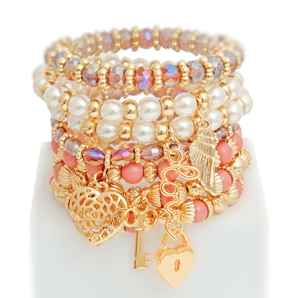 Mauve and Pearl Love Charm 5 Stacked Bracelets