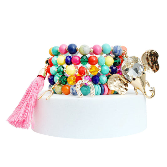 Rainbow Bead Elephant Charm Bracelets