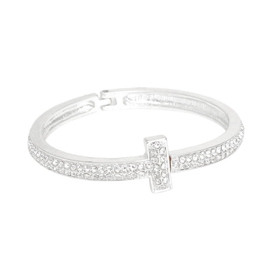Cuff Silver 2 Row Pave Cross Hinge Bracelet Women
