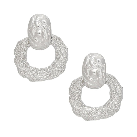 Drop Silver Textured Metal Door Knocker Earrings