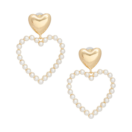 Drop Gold Cream Pearl Heart Earrings for Women