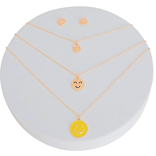 Gold 3 Layer Yellow Smiley Face Necklace Set