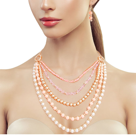 Pink Beads Pearl Necklace Set