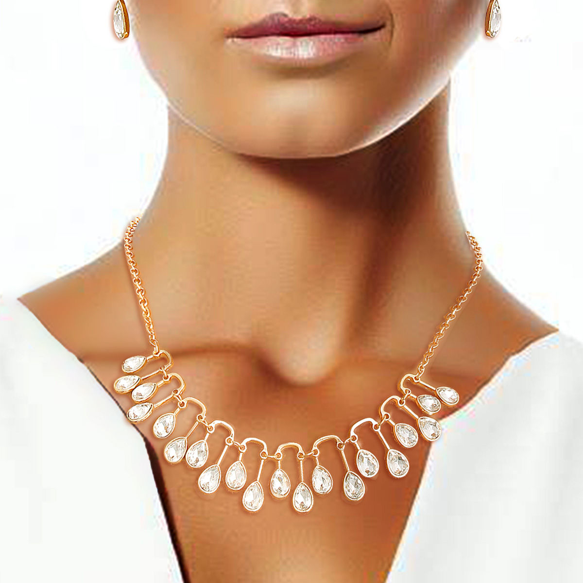 Gold Pear Crystal U Link Necklace