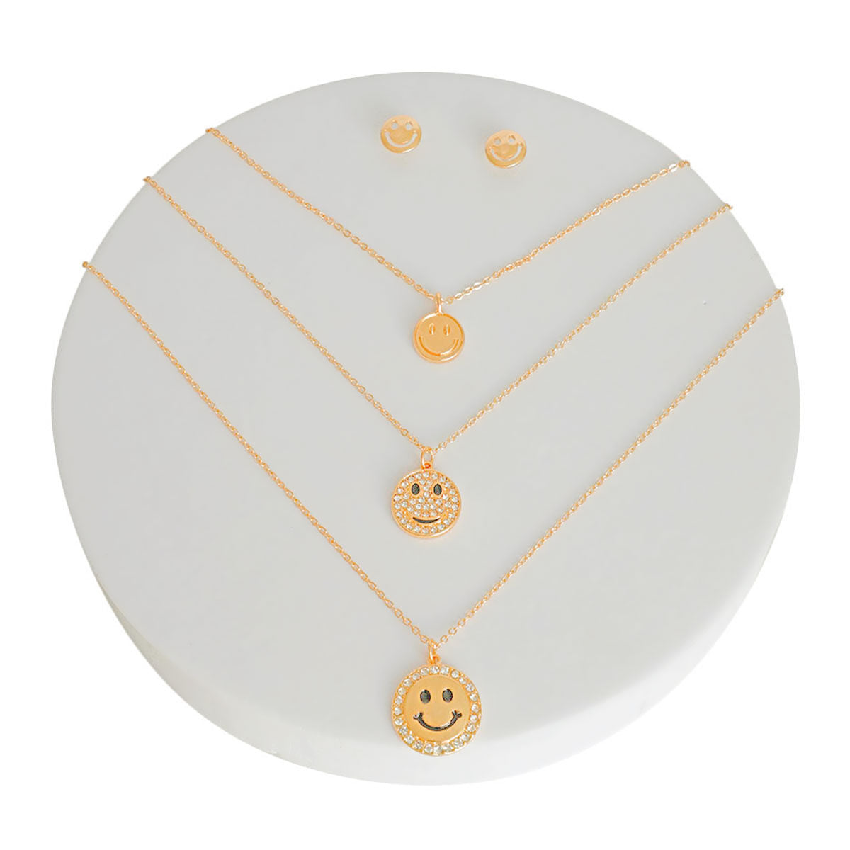 Gold 3 Layer Bling Smiley Face Dainty  Necklace Set