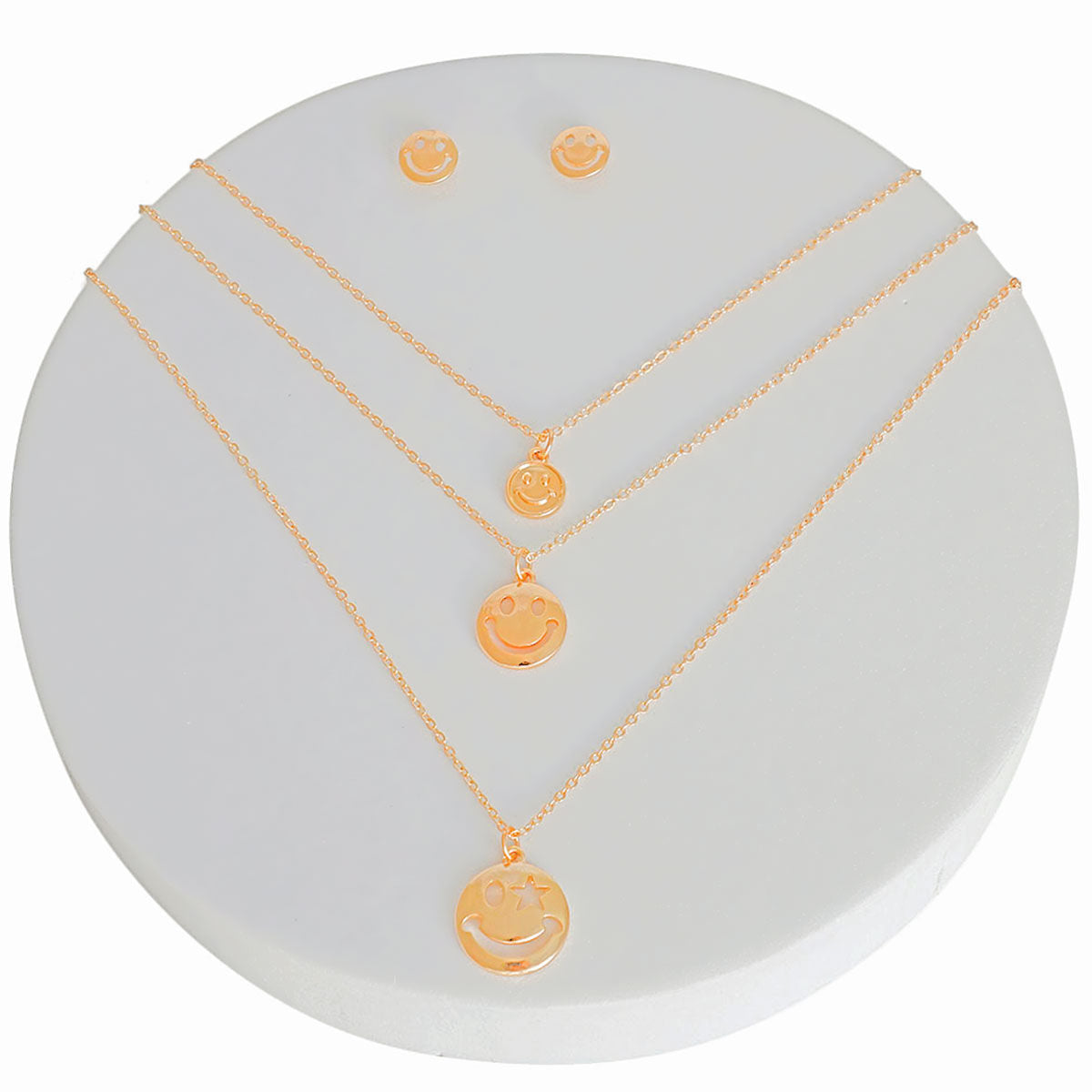 Gold 3 Layer Smiley Cutout Face Necklace Set