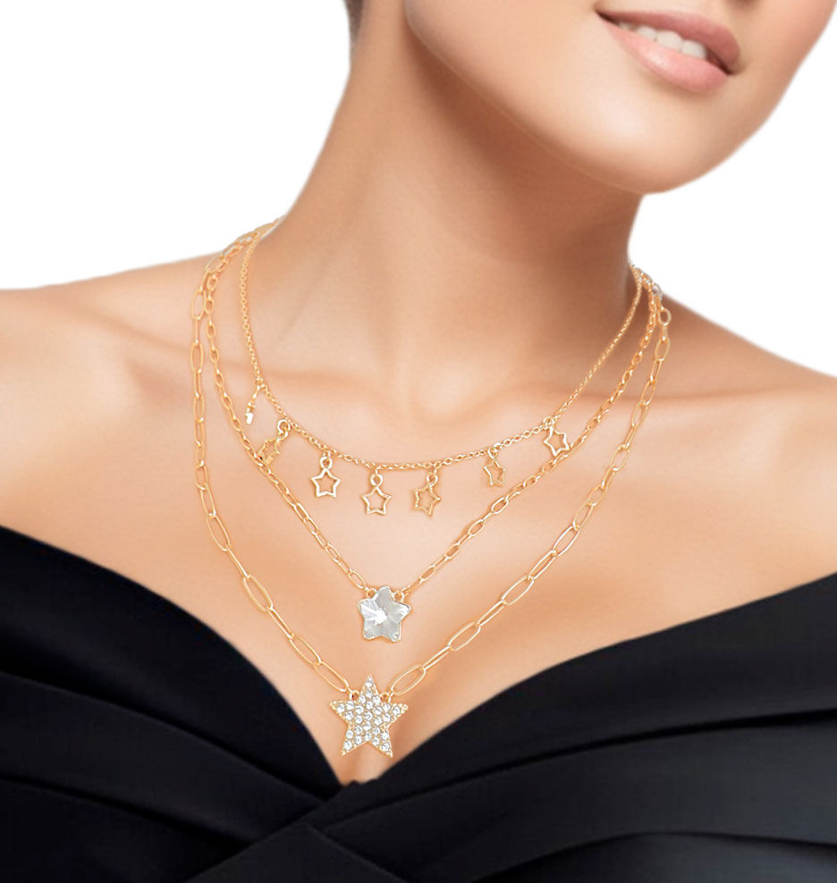 Gold 3 Layer Chain Star Necklace Set