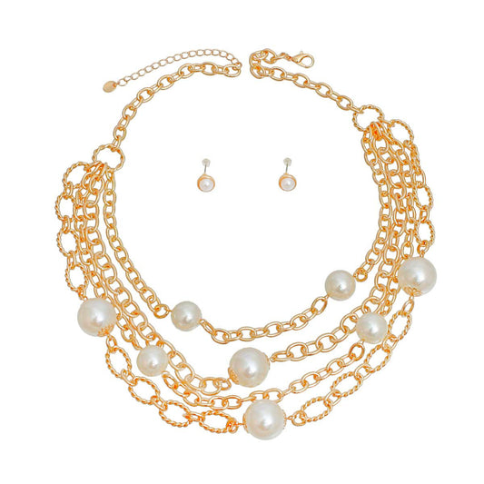 Cream Pearl 4 Layer Chain Link Necklace