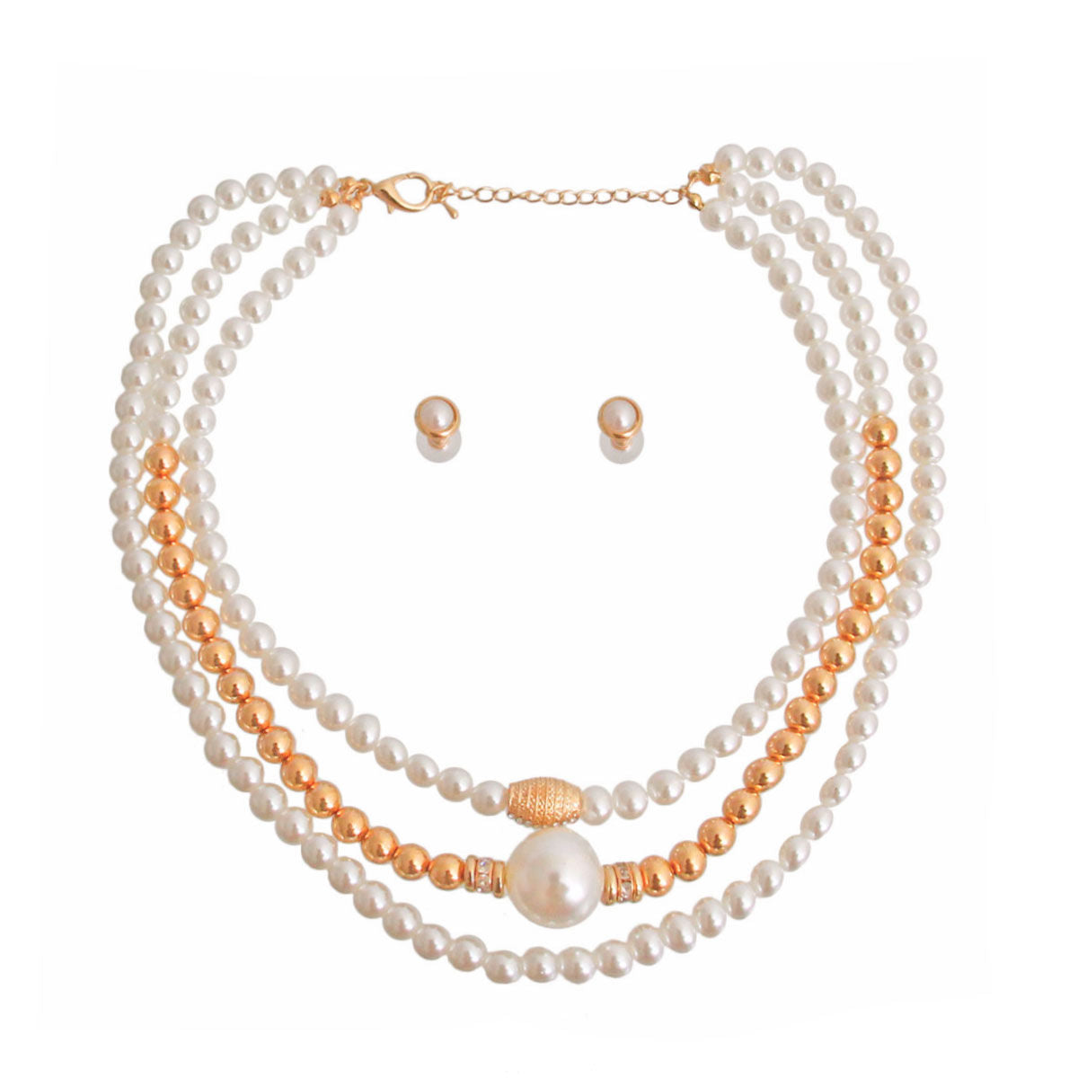 Cream and Gold Pearl 3 Strand Necklace Set