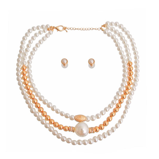 Cream and Gold Pearl 3 Strand Necklace Set