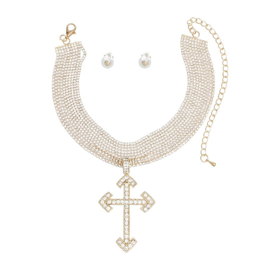 Choker Gold Rhinestone Layered Cross Necklace