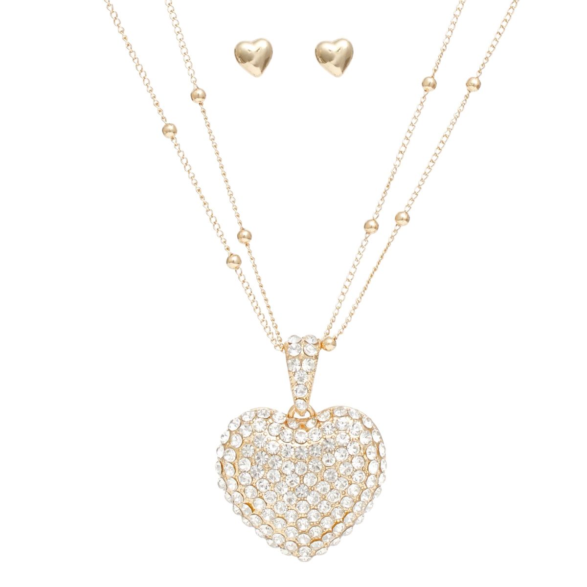 Pendant Gold 2 Layer Puffy Rhinestone Heart Set