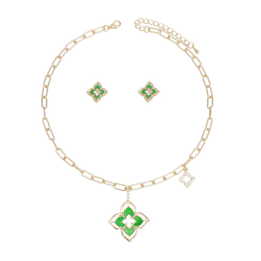 Pendant Gold Green Monogram Flower Necklace Set