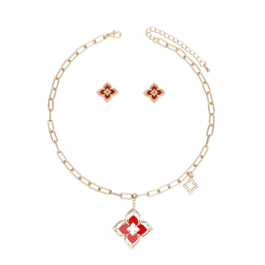Pendant Gold Red Monogram Flower Necklace Set