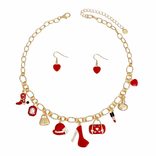 Charm Gold Red Cowgirl Boot High Heel Necklace