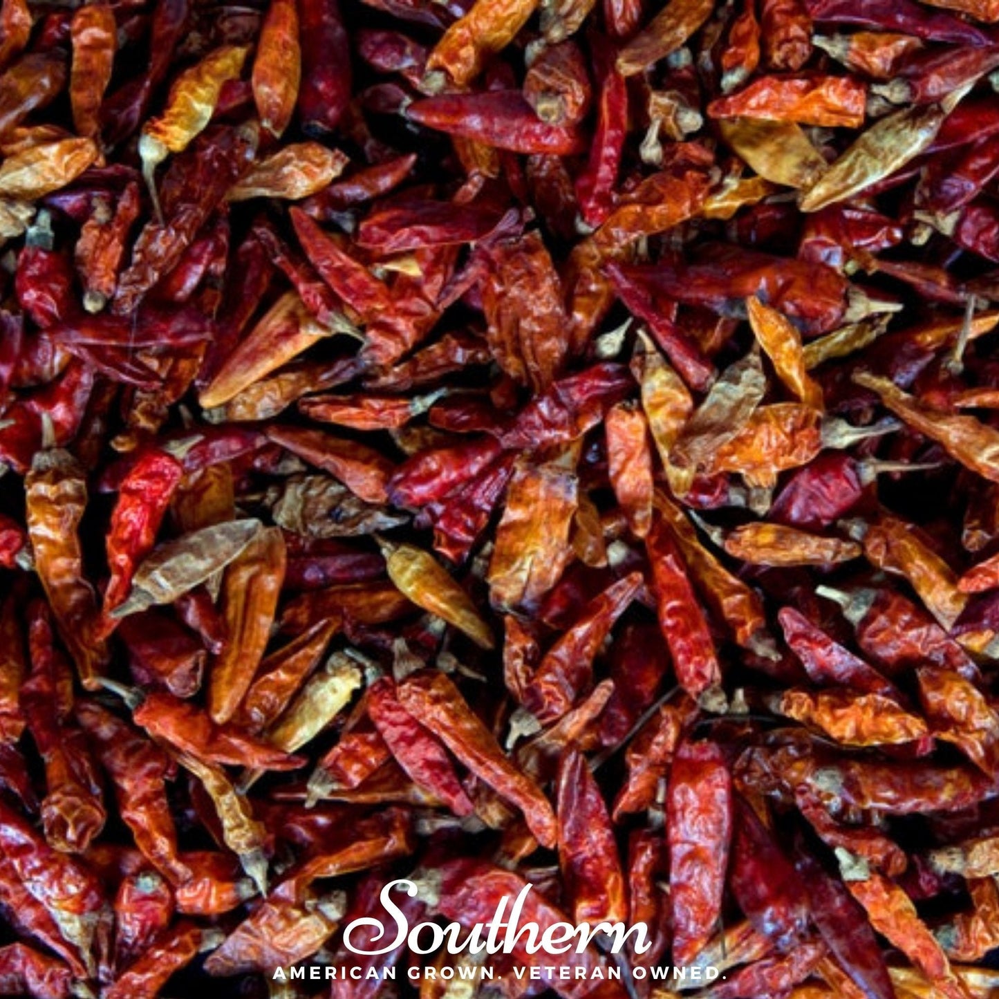 Close-up of dried red chili peppers with 'Southern' brand logo.
