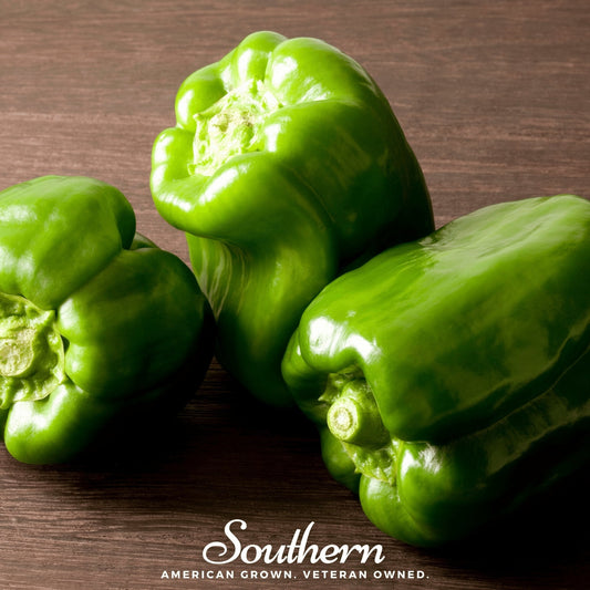 Three green bell peppers on a wooden surface with 'Southern' branding.