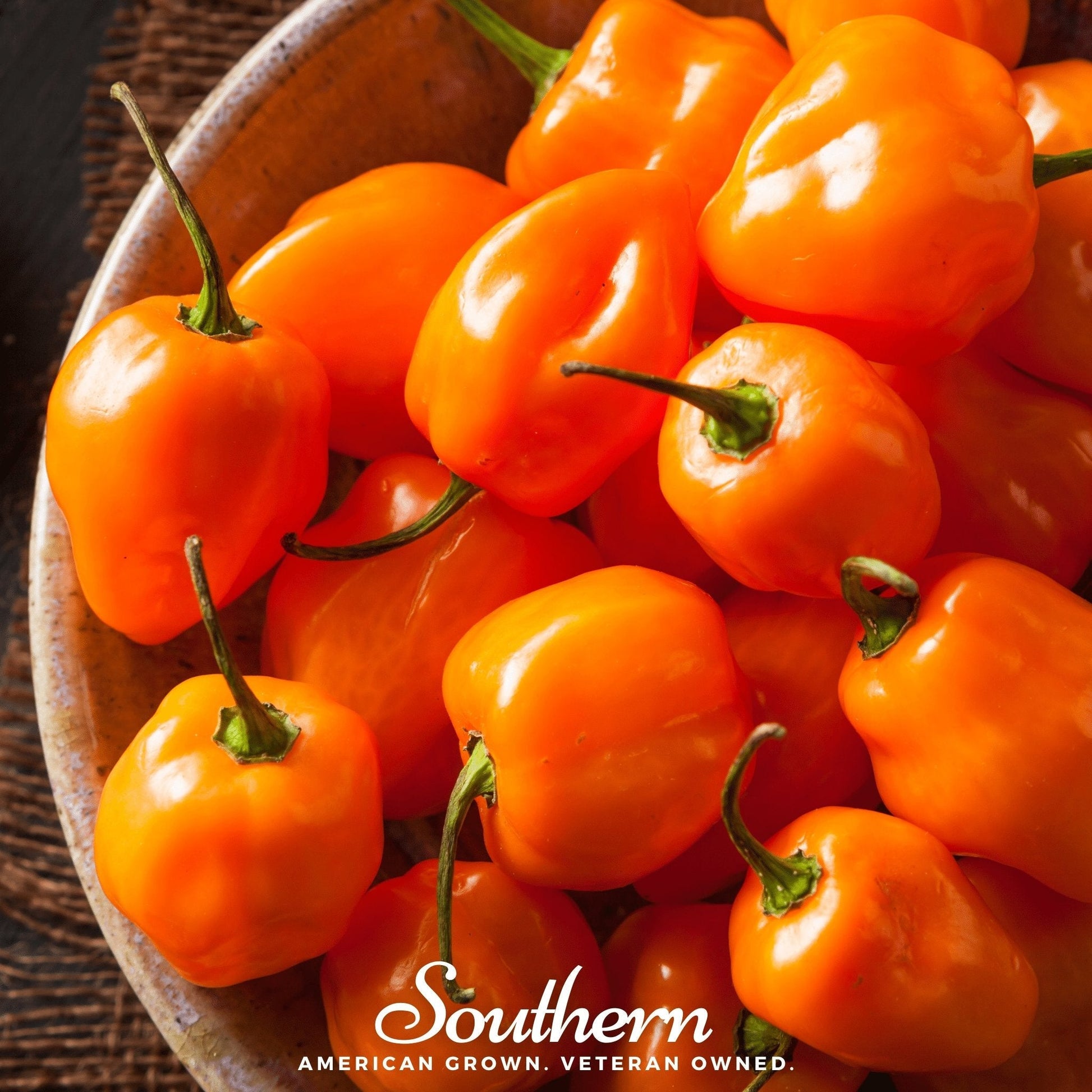 Orange peppers in a bowl with 'Southern' branding.