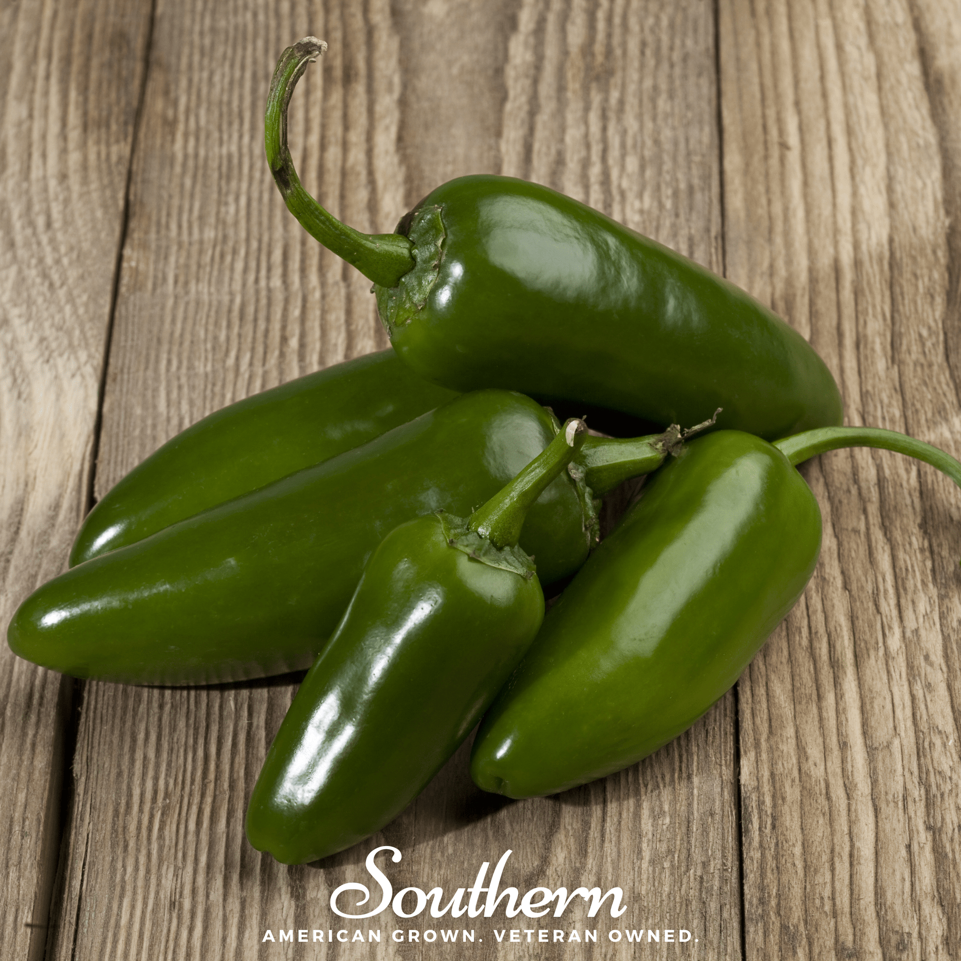 Green jalapeno peppers on a wooden surface with 'Southern' branding.