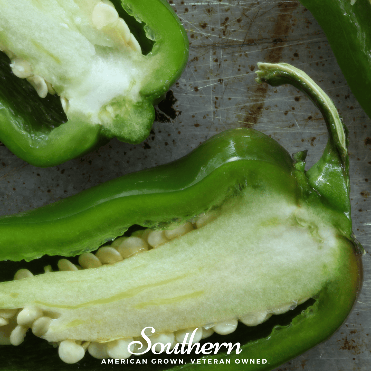 Sliced green pepper on a metal cutting board with 'Southern' brand text.
