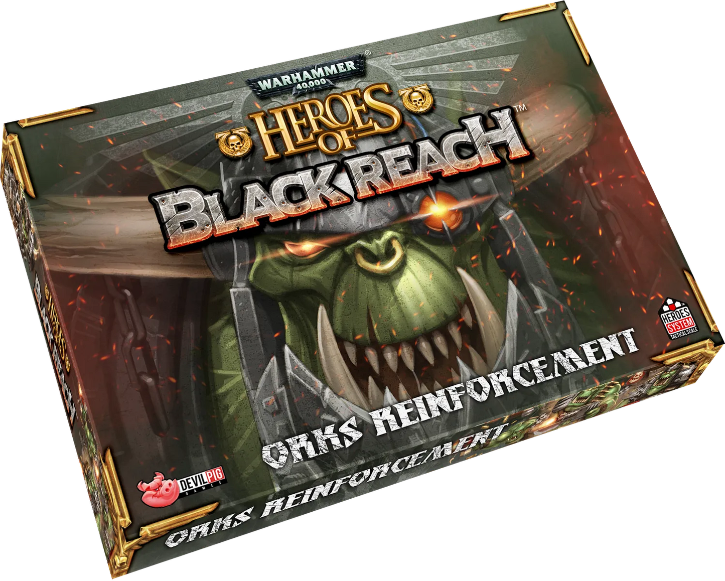 Warhammer game box for 'Heroes of Black Reach' with orc reinforcement theme