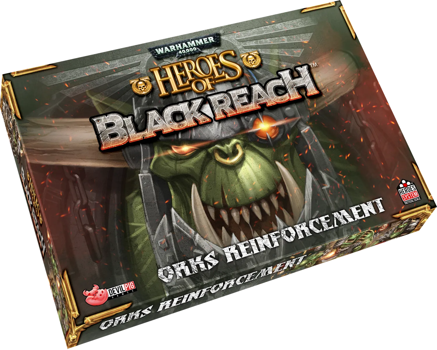 Warhammer game box for 'Heroes of Black Reach' with orc reinforcement theme
